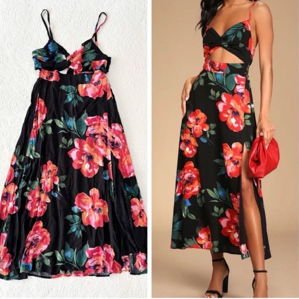 Lulus Tropical Blooms Black Floral Print Tie-Back Cutout Maxi Dress Small